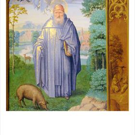 De heilige Antonius met duivels aan zijn kop en een bevriend varken aan zijn voeten.