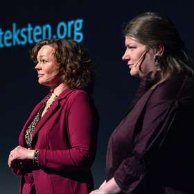 Heleen Rijckaert en Carlijn Pereira van de Taalunie presenteren hun project Rijketeksten.org