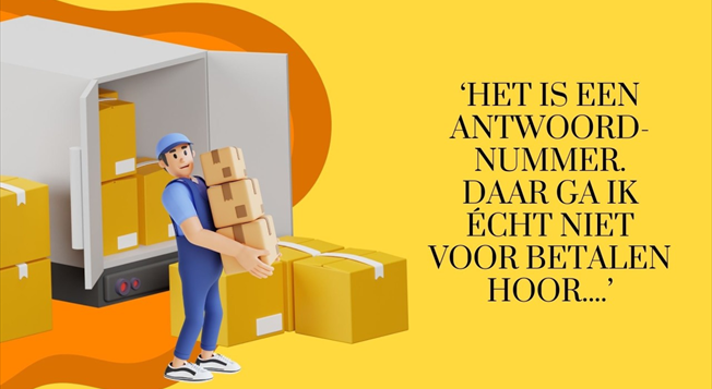 Een vrouw komt naar de PostNL-balie met een pakket van Bon Prix in haar handen. Ze legt het op de ...