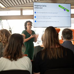 Hoe presenteer je jezelf en je werk online? Aan de hand van voorbeelden leert Eline Levering de deelnemers hoe ze hun website kunnen verbeteren